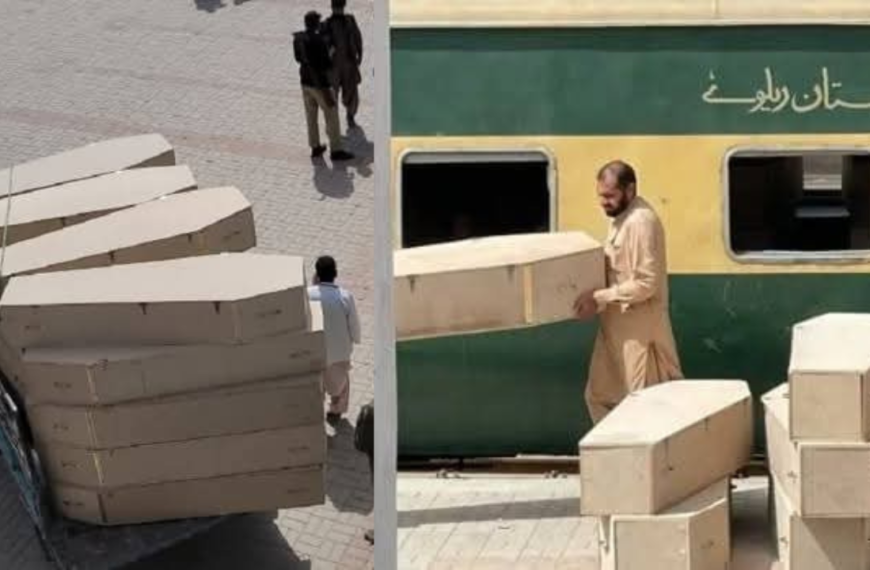 Coffins have arrived at Quetta Station and will be sent to Bolan on the relief train